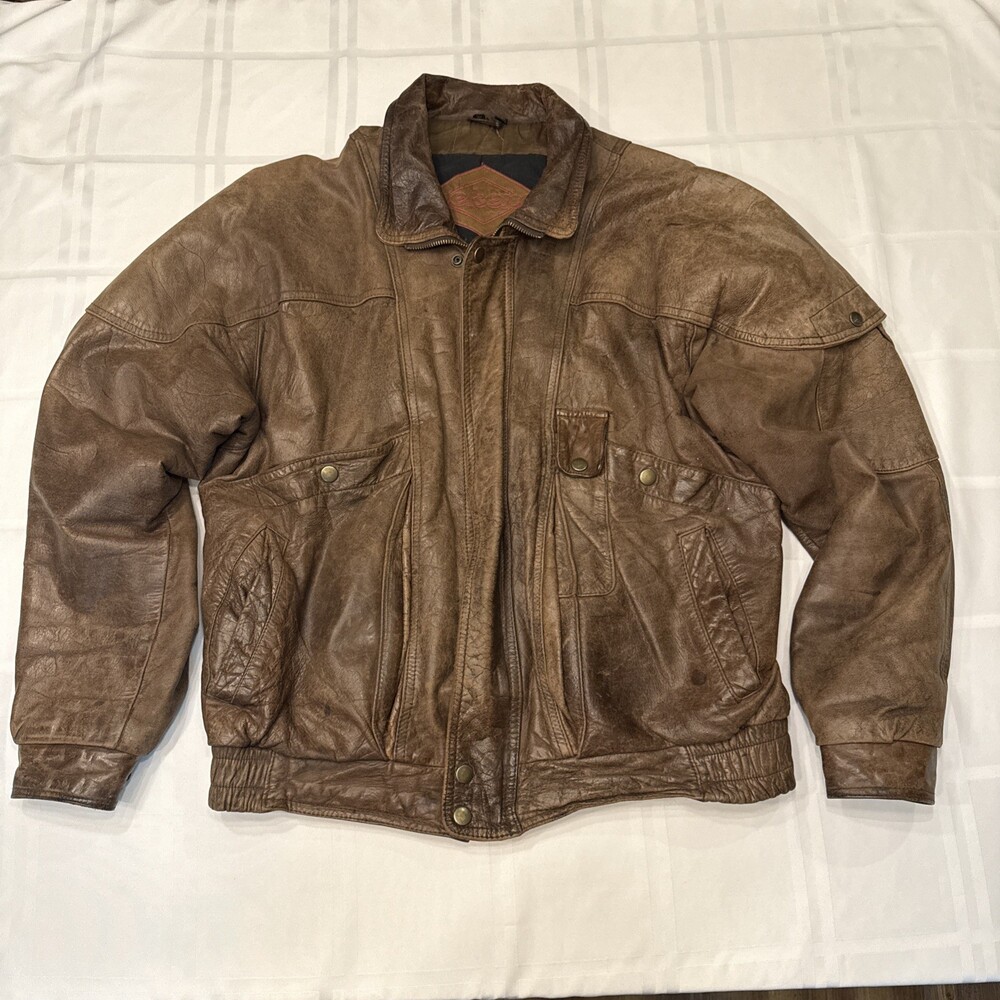 Vintage Weekends Men's Brown Leather Full-Zip Bomber Jacket Size M